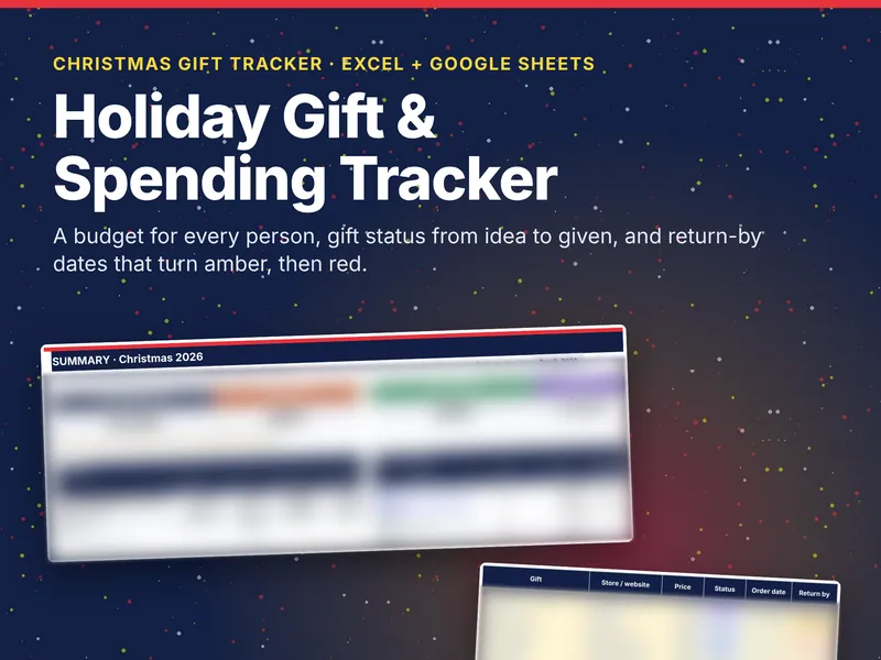 Holiday Gift and Spending Tracker title above two tilted spreadsheet screens (sample figures blurred).