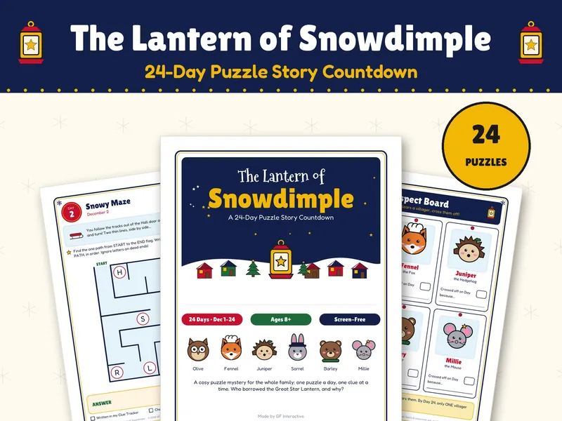 The Lantern of Snowdimple cover page with a glowing lantern over a snowy village, fanned out with a snowy maze puzzle page and a suspect board page.