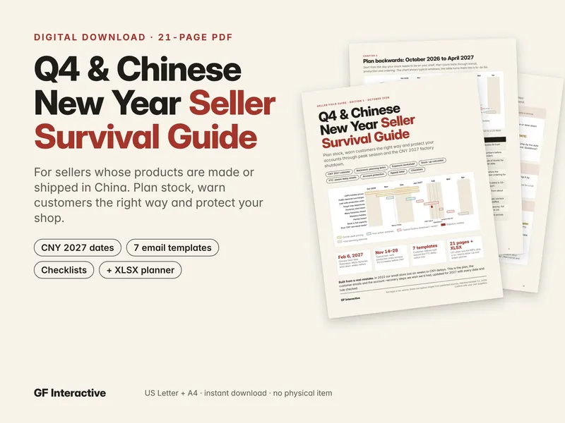 Cover of the Q4 and Chinese New Year Seller Survival Guide beside fanned guide pages showing a planning timeline.