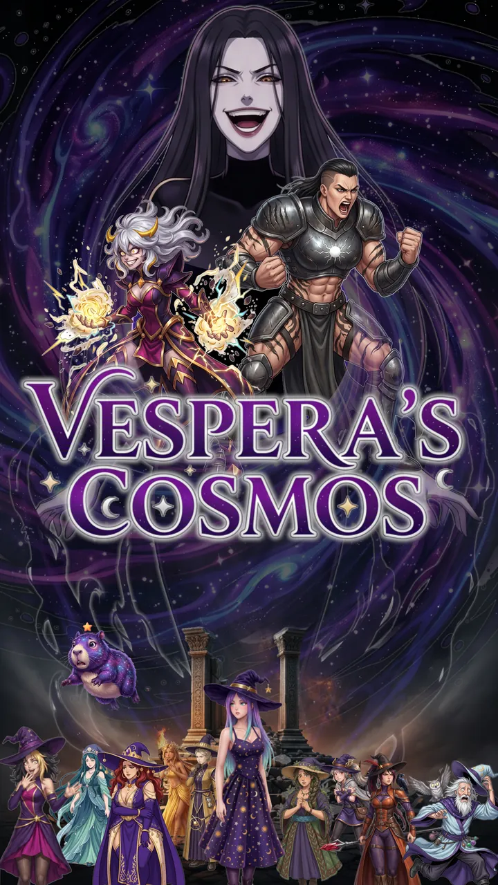 Vespera's Cosmos poster: the name in purple and gold letters over a starry sky, with members of the cast behind it.