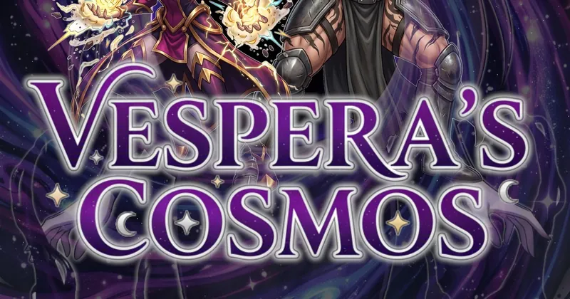 Close-up of the Vespera's Cosmos title: purple and gold letters over a starry purple sky, with members of the cast behind them.